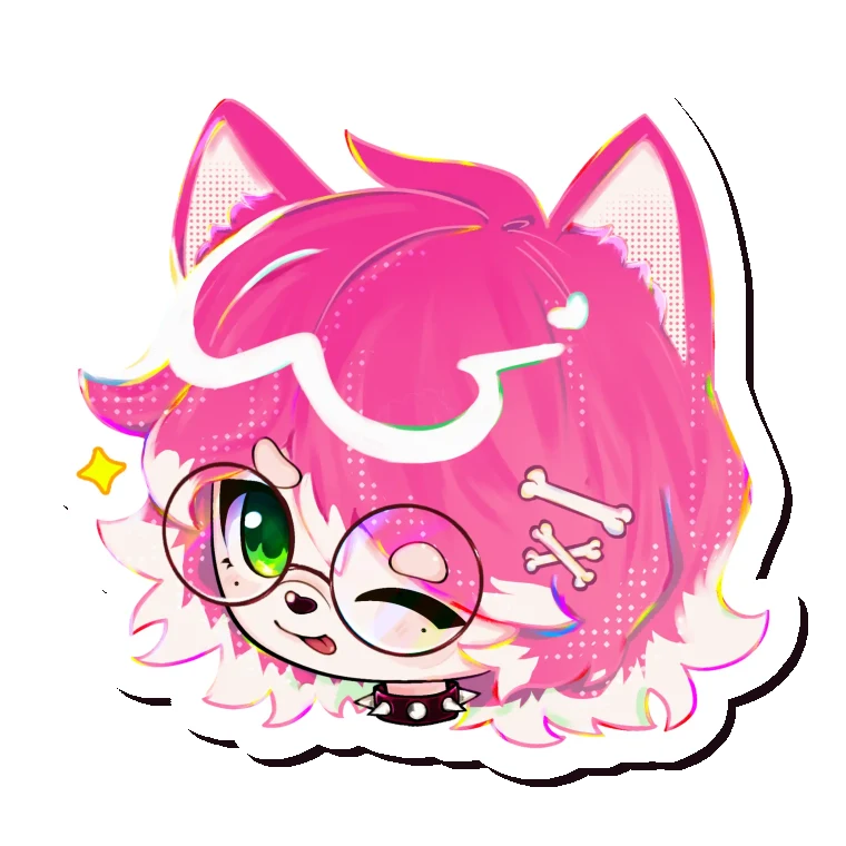 Hana, the mascot, with pink hair, round glasses and bone hair clips